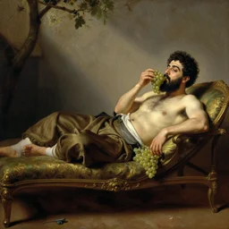 a victorian painting of al-Zawahiri lying shirtless on a chaise longue eating grapes