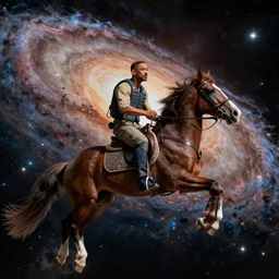will smith riding a horse in space, galaxy, space, photograph