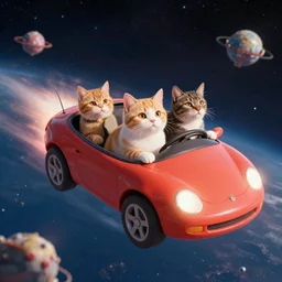 cats driving flying cars in space