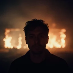 lomo selfie of a man inside a burning building, cinestill, bokeh, out of focus, dramatic lighting, night, dark, detailed, grainy, fog