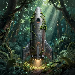 a matte painting of an abandoned alien rocket spaceship overgrown with vines deep in the jungle. mysterious glow emits from the inside of the spaceship. art by hayao miyazaki and james jean, volumetric lighting, god rays. bioluminescent, sence of awe, megalophobia. trending on behance.