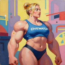 greg manchess portrait of margot robbie as thick female bodybuilder zarya from overwatch in disco elysium, 1 6 5 7, epic grimdark, fantasy, medium shot, asymmetrical, profile picture, organic painting, sunny day, matte painting, bold shapes, hard edges, street art, trending on artstation, by huang guangjian and gil elvgren and sachin teng