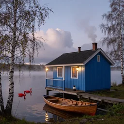 small blue wooden cottage by the lake, lanterns on the porch, smoke coming out of the chimney, dusk, birch trees, tranquility, misty, red swans on the lake, a wooden rowing boat, a singular fishing on the boat, cumulus clouds, by charlie bowater, by greg rutkowski