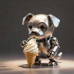 anthropomorphic robotic dog eating ice cream made of metal