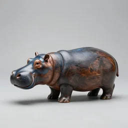 a zoomed out studio product shot of a rounded carving of a simplified and smooth hippopotamus made from cherry wood and blue resin, in profile, a catalog photograph