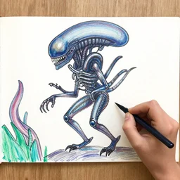 a paiting of a xenomorph drawn by a kid