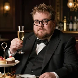 a fat guy with glasses, short beard, odd haircut and a glass of champagne, in classic suit in a bar setting, dimly lights, afternoon tea, a very interesting and intellectual person