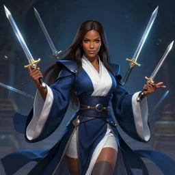 Pretty 40 years old Master Illusionist lady, dark brown skin, dark brown hair, straight hair, Dark blue and White robes, multiple floating swords, waifu, epic fantasy, love interest, artstation, trending in deviantart, artstationHD, by Da Vinci artstationHQ, detailed, HD, 8K