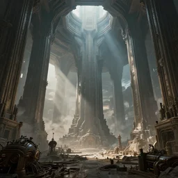 the depths of a vast artificial world with massive towering pillars holding the ceiling of the landscape up, detailed, extreme depth, wayne barlowe and escher collab, godrays, ambient machine automations of brutalist design visible in the foreground