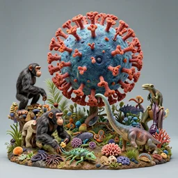 all of evolution as a beautiful sculpture, evolution, giant coronavirus, humans, bacteria, invertebrates, chimpanzee, neanderthal, dinosaurs, reptiles, fish, mammals, worms, corals, fungi, bacteria, viruses, animals, plants, flagellates, arachnids, snails, squid, birds, bivalves