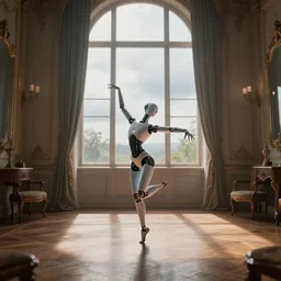 dancing slender robot living in a large 1 8 th century room in a city scraper, old furnitures, wooden parquet, up high, cloudy nature landscape outside of window, cables, elegant, wall decorations, highly detailed, volumetric lighting, unreal 5, rule of thirds, artstation, smooth, depth haze, cinematic, glow, 3 5 mm, 4 k ar 1 6 : 9 - n 5 - i - s 1 5 0 0 0 - s 3 0 0 0