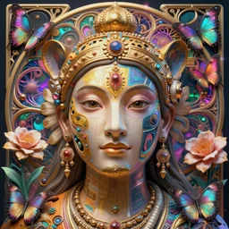 maximalist 3 d realistic detailed face portrait of a traditional chinese cybernetic indian hindu goddess tigress by mucha, and ernst haeckel, golden ratio, face in focus, art nouveau, neo - gothic, neoclassical, a psychedelic surreal background with holographic 3 d butterflies and 3 d flowers n the style of 1 9 9 0's cg graphics, lsd dream emulator psx, 3 d rendered y 2 k aesthetic by ichiro tanida