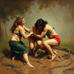 3 drunk women fall over mud - wrestling,, oil painted ( ( ( ( ( ( by rodin ) ) ) ) ) )