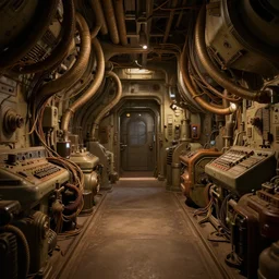 realistic cinematic sci - fi mothership interior vintage - machinery, tubes wires path matte painting masterpiece warm tones quiet