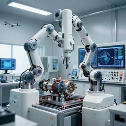 era of nano ceramicpunk, year 3 5 3 5, a complex thick bifurcated robotic cnc surgical arm cybernetic symbiosis hybrid mri 3 d printer machine making v 8 engine motors in a bio chemical lab, control panels, 4 k, large monitor screens, knobs, natural light in room, drone camera lens orbs, octane render, architectural, f 2 8,
