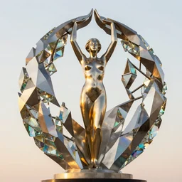 geometric mathematical shaped metal sculpture with rainbow crystal glass elements reflecting the light, statuesque female dancer figure within the sculpture with her arms towards the sky, golden hour, detailed photograph, 4 k, intricate, 3 d, refined, smoothed, facing the camera, portrait, jeff koons, rodin