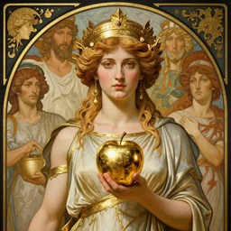 eris, greek goddess of chaos, holding an reflective gold!!! metal apple, goddess of chaos, in the trojan war, mk 1 1 by carl spitzweg, ismail inceoglu, vdragan bibin, hans thoma, greg rutkowski, alexandros pyromallis, alphonse mucha, perfect face, sharply focused, sharply detailed, centered, rule of