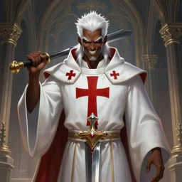 a highly detailed illustration of sadistic white haired tanned african priest wearing white robe with red cross design, wielding bloody sword, evil smile, gothic church background, intricate, elegant, highly detailed, centered, digital painting, artstation, concept art, smooth, sharp focus, league of legends concept art, wlop