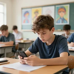 A bored teenager in a classroom looking at his smartphone, artwork by Craig Mullins, detailed, trending on artstation