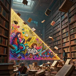 illustration of books flying in a library, composition accidental renaissance golden ratio, cinematic, by sachin teng and sergey kolesov and ruan jia and heng z and wlop. graffiti art, scifi, fantasy, hyper detailed. octane render. concept art. trending on artstation