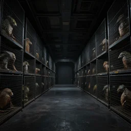 very empty very dark cargo hall large corridor of huge huge space ship containing rows of cages with strange animals pitch black ceiling ultra detailed photorealistic rendering chiaroscuro painting