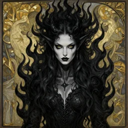 a portrait of a beautiful aasimar in black flames by ross tran and alphonse mucha and greg rutkowski and gustav dore