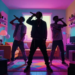 millennial hipsters rapping in living room, epic pose, silhouetted, distinct, digital art, vaporwave, psychedelic hip-hop, surreal, trending on Artstation, detailed, 4k