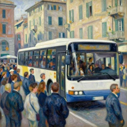 incredible painting of an autobus in genoa. in the artistic style of a crowd of people. impressionist