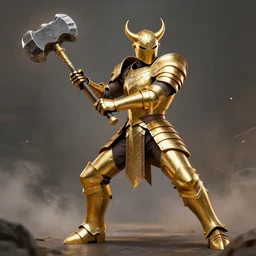 demon in golden scale armor wileding a polehammer