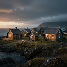 a wooden viking village on the coast of iceland, dynamic lighting, volumetric, bokeh, cinematic, establishing shot, extremly high detail, photo realistic, cinematic lighting, post processed, concept art, artstation, matte painting, style by eddie mendoza, raphael lacoste, alex ross