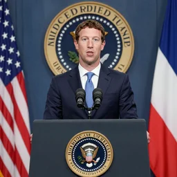 mark zuckerberg as the president of the united states wearing a suit standing at the presidential podium
