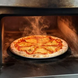 a pizza cooking an oven.