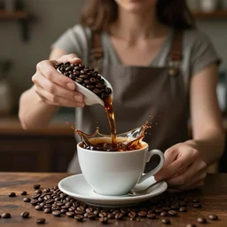 : a lady made of coffee beans serves the perfect cup of coffee with fluid flyingout the cup hyperbolic movement,hyper detailed art station  parabolic lighting  unrealengine ,cinematic, hyper realism, high detail, octane render, 8k