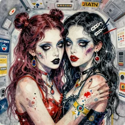 watercolor painting of two bizarre psychedelic goth women hugging each other closeup in a space station in japan, speculative evolution, mixed media collage by basquiat and jackson pollock, maximalist magazine collage art, sapphic art, lesbian art, chemically damaged