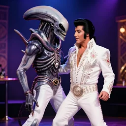 xenomorph cosplaying as elvis, elvis, duet, ballad, las vegas lounge stage, 1 9 6 0 s, 8 5 mm, f / 2. 8, stage lighting, light haze