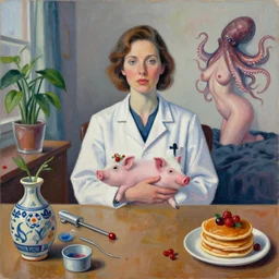 a self - portrait in a female artist's bedroom, a female pathologist with a piglet, berries, surgical equipment, handmade pottery, plants in glass, sensual, octopus, pancakes, neo - expressionism, surrealism, acrylic and spray paint and oilstick on canvas