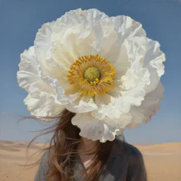 closeup, enormous flower head, girl in desert, surreal photography, wind and cold, dramatic sky, impressionist painting, digital painting, artstation, simon stalenhag