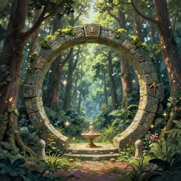 Fantasy Magical fairy-tale stone portal in the forest. Round stone portal teleport in trees to other worlds. Fantastic landscape. Magic Altar in the fores, highly detailed, digital painting, artstation, concept art, smooth, sharp focus, illustration, art by artgerm and greg rutkowski and alphonse mucha