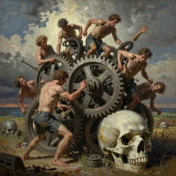 grotesque painting showing humanity throwing itself upon the gears of the capitalist death machine