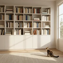 a french style room, books, a cat, indoor scene, beautiful, realistic, design, 8k, highly detailed, light effect