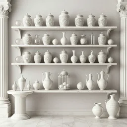 a beautiful hyper realistic 3d render of jars, vials, pitchers, and baubles stocked on intricate runic shelves, tables, and ornaments in a pristine roman domus, by goya, Atey Ghailan, ghibli, unreal engine, octane render, brilliantly colored, ultra wide angle, trending on artstation, HDR, polished, micro details, ray tracing, 8k