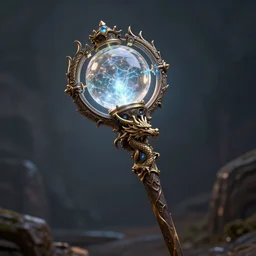 magical staff with a luminous glass sphere and a bronze dragon, unreal engine, higly detailed,