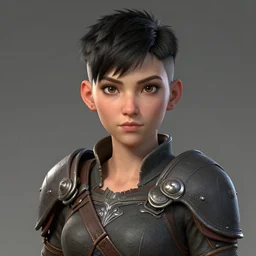 portrait of a beautiful cute strong brave realistic! female gnome engineer, textured short black hair shaved undercut, wide angle, d & d, micro detail, intricate, elegant, highly detailed, centered, rule of thirds, artstation, sharp focus, illustration, artgerm, tomasz alen kopera, donato giancola, wlop