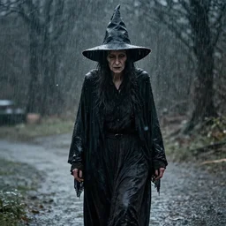 really old witch, walking through heavy rain, melancholic, sad, lots of raindrops, detailed, cinematic, dramatic lighting, by lucian freud