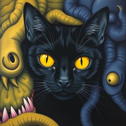 illustration of a black cat with yellow eyes between monsteras by shusei nagaoka kaws, david rudnick, airbrush on canvas, pastell colors, cell shaded