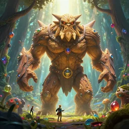 zelda fantasy art giant golem troll wood rock greeble gemstone enchanted forest, global illumination ray tracing hdr fanart arstation by sung choi and eric pfeiffer and gabriel garza and casper konefal bastion forged hardmesh lisa frank zbrush central radiating a glowing aura global illumination ray tracing hdr