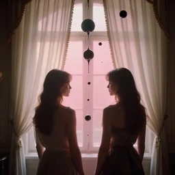 over the shoulder photography of two female models silhouettes behind white curtains in old victorian room, dramatic light, cinestill, flying black marble balls, filmstill, bokeh, long exposure, god rays, magic hour, pink light, warm colors, 8 k, liquid marble acrylic paint, abstract