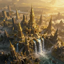 aerial view, golden hour, at the dawn of time, golden lighting, nightmare, in a symbolic and meaningful style, dark fantasy city, waterfall, warhammer style, highly detailed, digital painting, trending on artstation, gradient silver to gold, concept art, sharp focus, illustration, octane render, art by artgerm and greg rutkowski and magali villeneuve