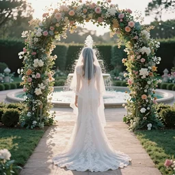 analog photograph of beautiful woman from the back, wearing a long flowing trumpet style lace wedding dress and a silk veil, in a stunning garden on a small stone pathway with a flower archway and a pristine water fountain, golden hour, by mark owen. rule of thirds. pastel colours. light rays. bokeh. cinematic. hq. detailed. contrast. cinestill 8 0 0 t