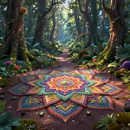 a psychedelic forest mandala on the ground, wide angle landscape shot, pixar style by tristan eaton, artgerm and tom bagshaw